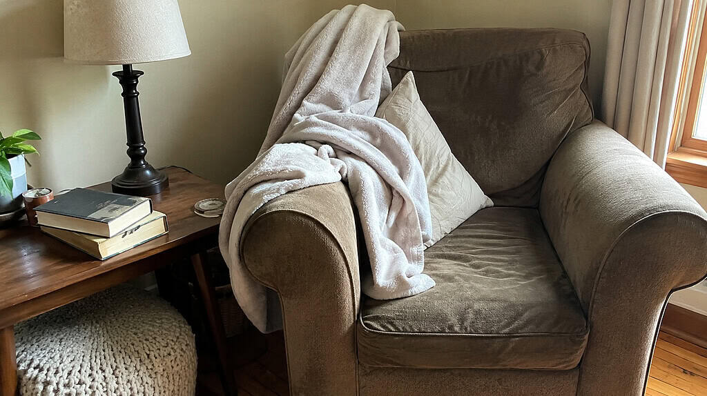 A well-worn comfy reading chair with a soft blanket, a lamp, and well-loved books, the kind of things you love and use and keep when decluttering