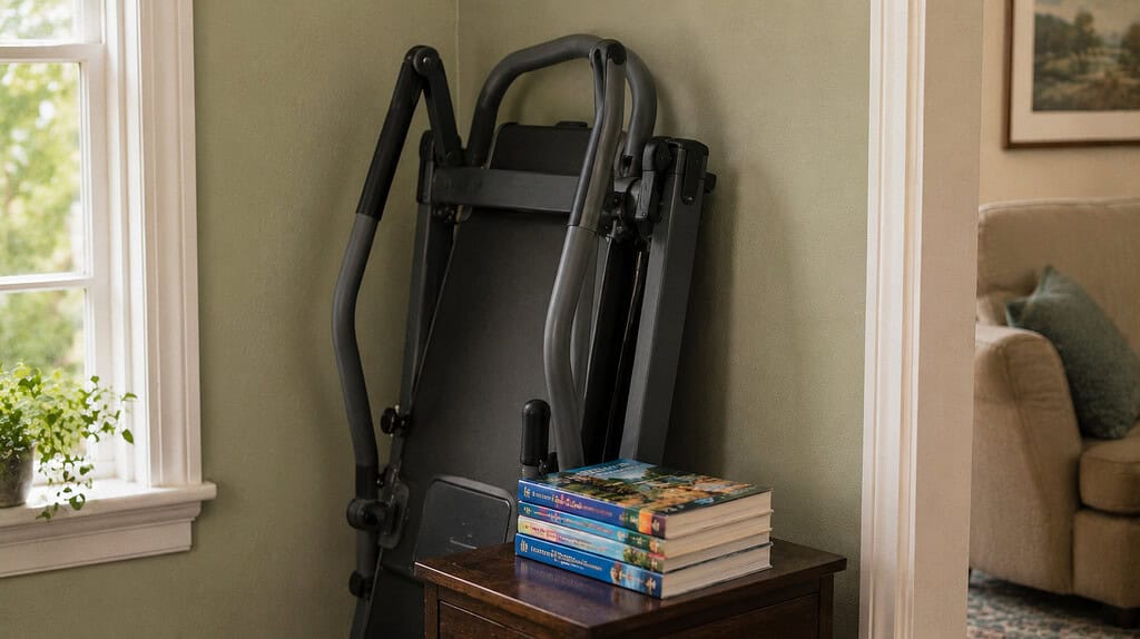 A folded set of unused exercise equipment with a short stack of colorful travel guidebooks resting on top against a soft green wall in gentle daylight