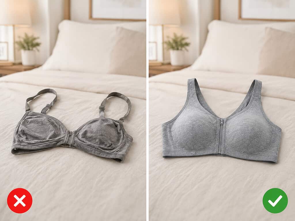 Side-by-side comparison of two gray bras laid on a cream bedspread in a bedroom with a lamp, plant, and framed art in the background: on the left, marked with a red X, a stretched-out heather gray bra with thin adjustable straps, wrinkled misshapen cups, and a small hook closure; on the right, marked with a green check, a heather gray wireless bra with wide shoulder straps, a wide band, smooth structured cups, and a front zip closure.