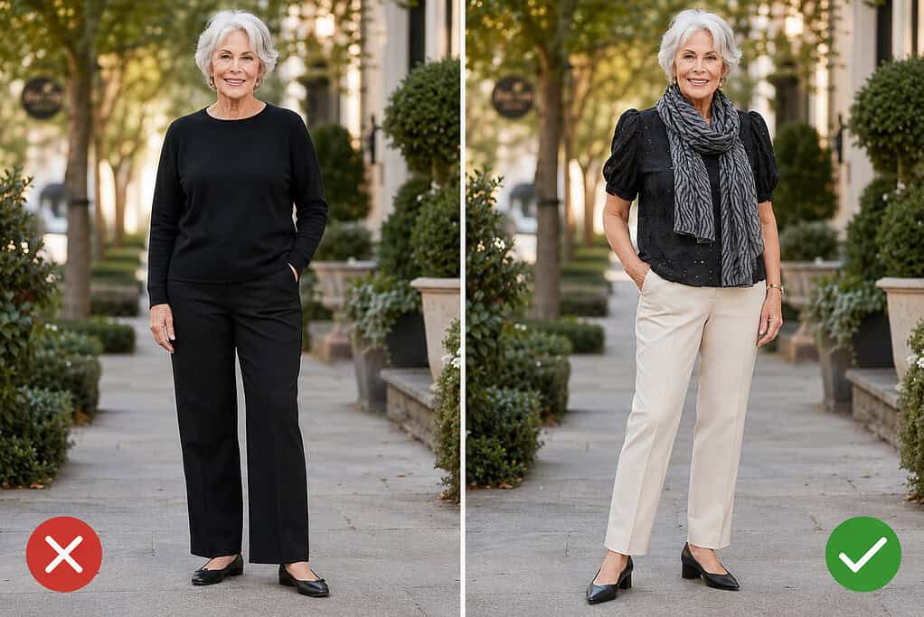Side-by-side outfit comparison of a gray-haired woman on a tree-lined walkway: on the left, marked with a red X, she wears an all-black outfit of a plain long-sleeve crewneck sweater with black straight-leg trousers and black bow-front flats; on the right, marked with a green check, she wears a black textured puff-sleeve blouse with a gray patterned scarf draped around her neck, cream straight-leg trousers, black block-heel pumps, silver earrings, and a watch.