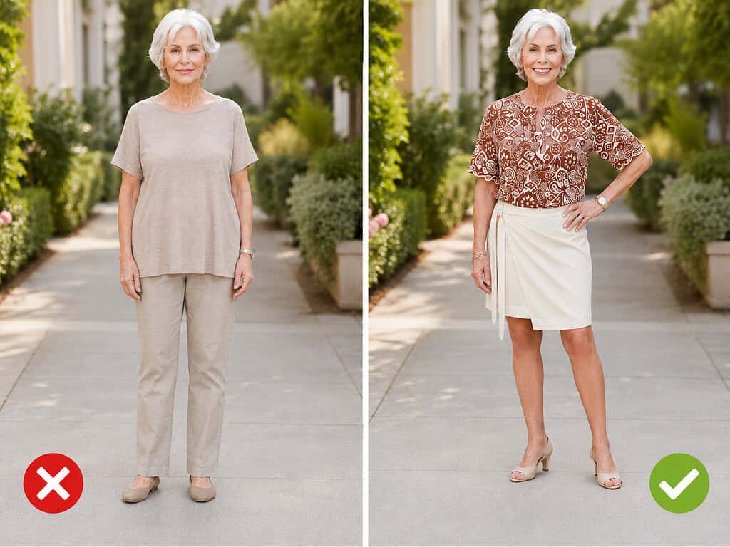 Side-by-side outfit comparison of a gray-haired woman on a garden walkway: on the left, marked with a red X, she wears a loose beige short-sleeve crewneck tee with matching straight-leg beige pants, taupe low-heel pumps, and a watch; on the right, marked with a green check, she wears a brown-and-white abstract-print short-sleeve top with a split neckline, a cream knee-length wrap skirt with a side tie, nude peep-toe heels, a watch, and gold bracelets.