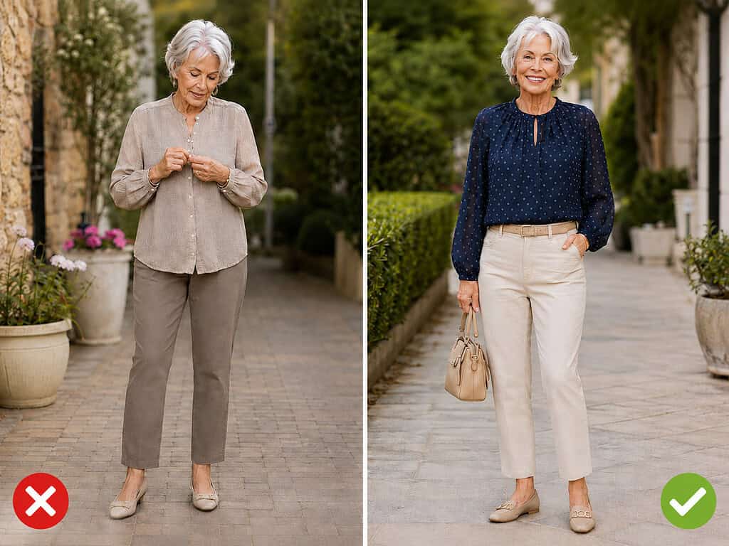 Side-by-side outfit comparison of a gray-haired woman on a garden walkway: on the left, marked with a red X, she looks down at her buttons in a beige textured button-down blouse worn untucked over gray-taupe straight-leg pants with beige buckle flats; on the right, marked with a green check, she wears a navy long-sleeve blouse with a small dot print and keyhole neckline tucked into cream high-waisted ankle pants with a tan belt, plus beige loafer flats with gold hardware, gold hoop earrings, and a beige handbag.