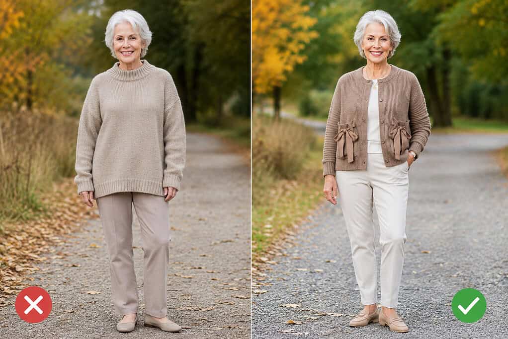 Side-by-side outfit comparison of a gray-haired woman on a leaf-strewn autumn path: on the left, marked with a red X, she wears an oversized beige mock-neck knit sweater with taupe straight-leg trousers and taupe flats; on the right, marked with a green check, she wears a fitted brown ribbed button-front cardigan with bow-trimmed pockets over a white top, cream ankle-length pants, tan loafers, a gold pendant necklace, gold earrings, and a watch.