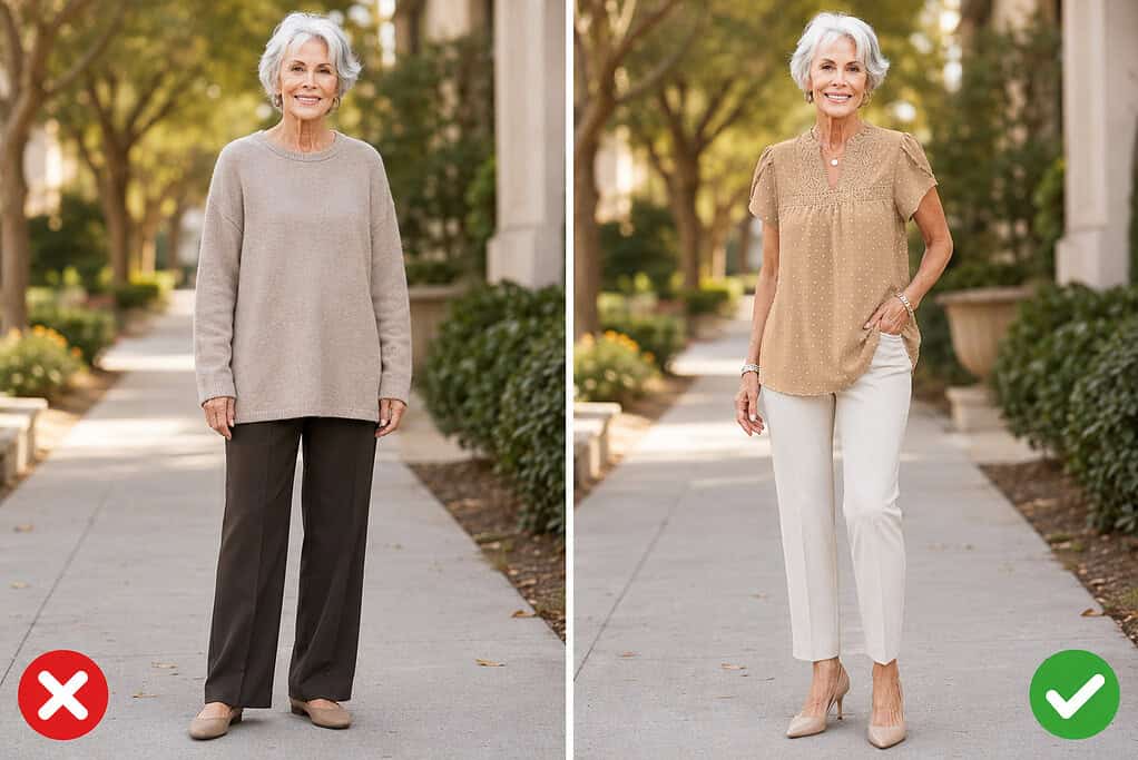 Side-by-side outfit comparison of a gray-haired woman on a tree-lined walkway: on the left, marked with a red X, she wears a loose oversized oatmeal crewneck sweater with dark brown wide-leg trousers and beige low-heel pumps; on the right, marked with a green check, she wears a tan short-sleeve swiss-dot blouse with a lace-trimmed split neckline over slim cream ankle pants, with nude pointed-toe heels, gold hoop earrings, a pendant necklace, and silver bracelets on both wrists.