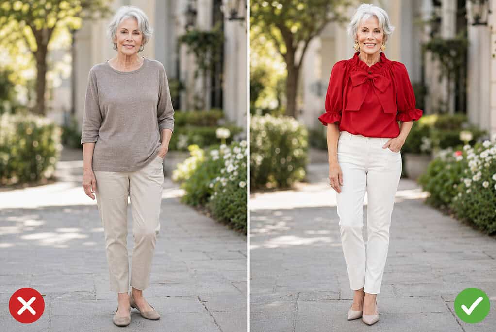 Side-by-side outfit comparison of a gray-haired woman on a sunlit garden walkway: on the left, marked with a red X, she wears a loose taupe three-quarter-sleeve knit top worn untucked over beige tapered ankle pants with taupe pointed flats; on the right, marked with a green check, she wears a red puff-sleeve blouse with a ruffled neckline and large front bow tucked into white slim ankle jeans, with nude pointed-toe heels and gold statement earrings.