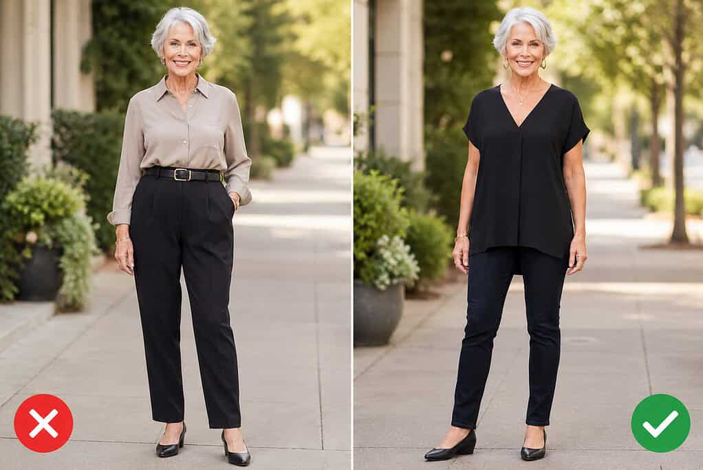 Side-by-side outfit comparison of a gray-haired woman on a tree-lined sidewalk: on the left, marked with a red X, she wears a taupe button-down blouse tucked into high-waisted black pleated trousers with a black belt and gold buckle, plus black heeled pumps and a thin gold necklace; on the right, marked with a green check, she wears a loose black V-neck short-sleeve tunic top over dark-wash skinny jeans, with black wedge shoes, gold hoop earrings, a pendant necklace, and a gold bracelet.