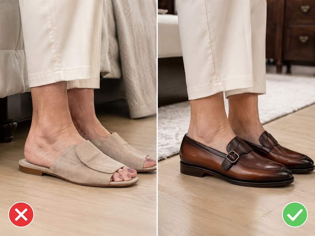 Side-by-side close-up comparison of shoes worn with cream trousers on a light wood floor: on the left, marked with a red X, feet in flat beige suede backless open-toe slide mules with bare heels and painted toenails; on the right, marked with a green check, feet in polished brown leather closed-toe loafers with a dark buckled strap across the top and a low stacked heel.