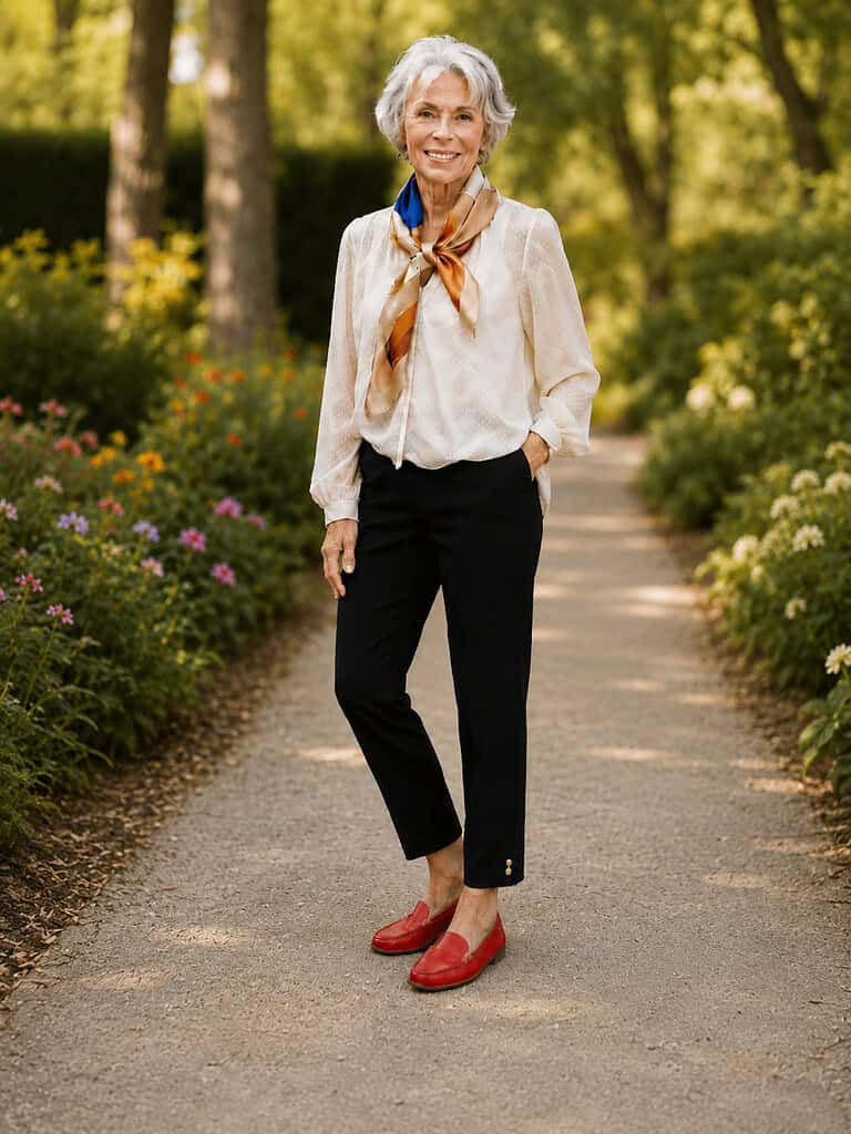 Gray-haired woman standing on a gravel garden path lined with flower beds and trees, wearing a cream long-sleeve swiss-dot blouse with a printed orange and blue silk scarf tied at the neck, black tapered ankle pants with small gold buttons at the hem, and red leather loafers, one hand in her pocket.