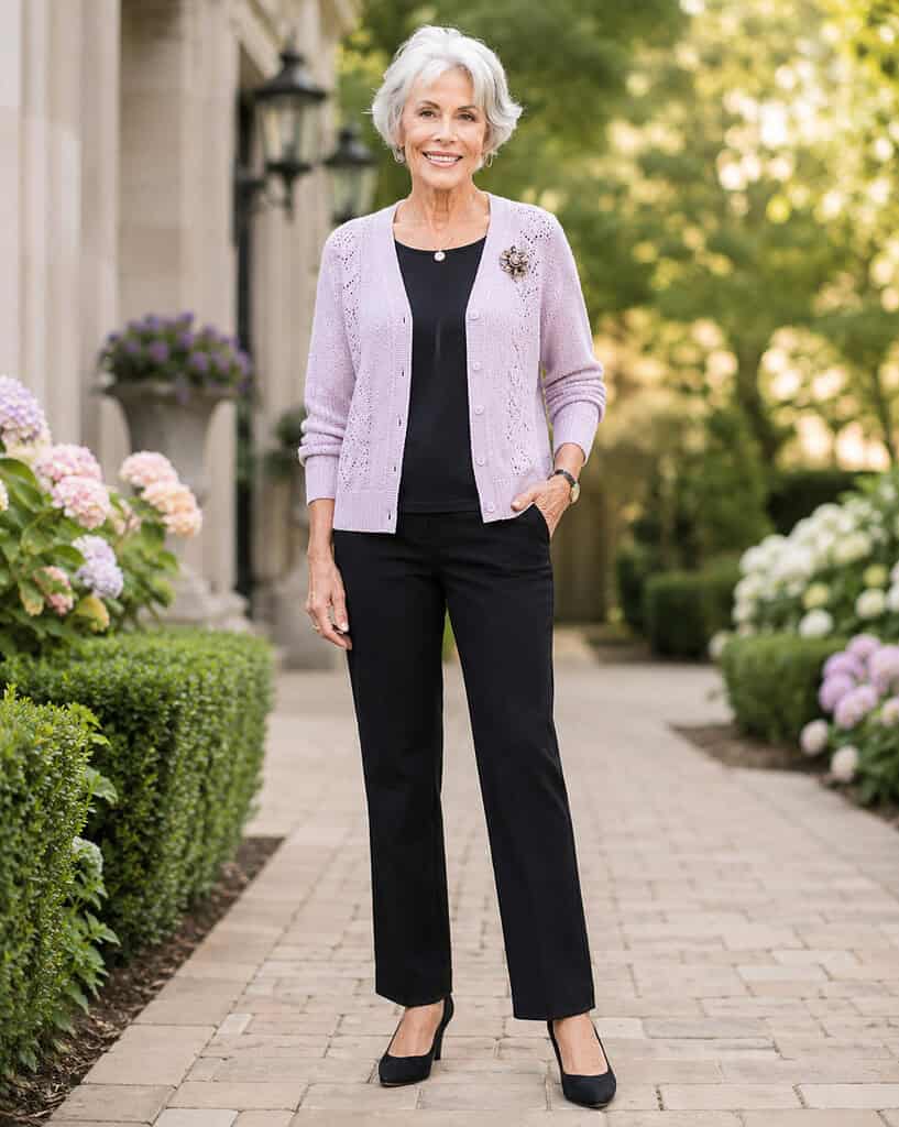 Gray-haired woman standing on a brick garden path lined with hydrangeas and trimmed hedges, wearing an open lavender pointelle-knit button-front cardigan with a floral brooch on the lapel over a black top, black straight-leg trousers, black pointed-toe heels, a gold pendant necklace, hoop earrings, and a gold watch, with one hand in her pocket.
