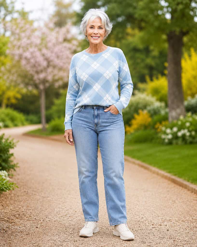 Gray-haired woman standing on a gravel garden path with flowering trees and greenery behind her, wearing a light blue and white plaid crewneck sweater tucked into light-wash high-waisted straight-leg jeans, white chunky sneakers, and gold hoop earrings, with one hand in her pocket.