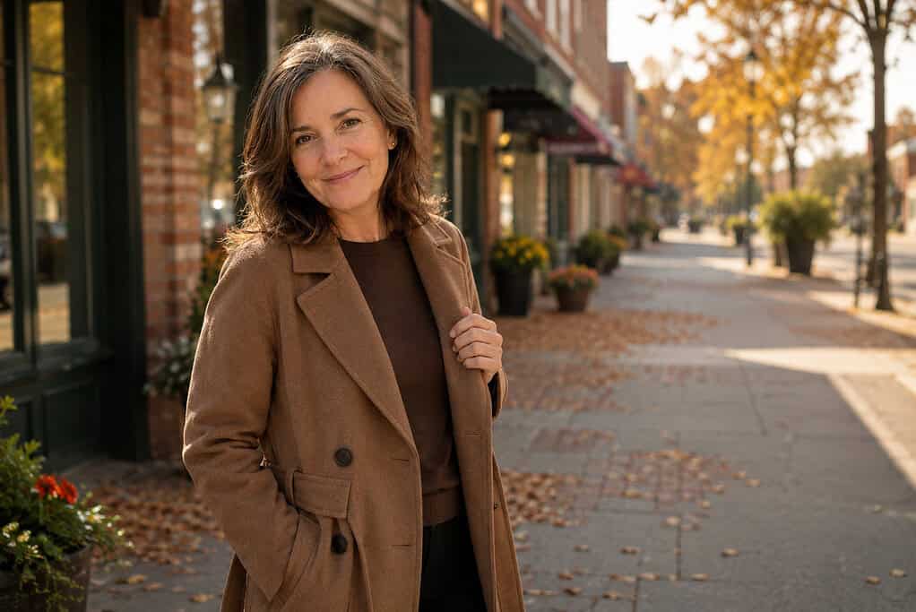 Stylish woman in her mid-50s wearing a camel wool coat on a small-town main street in autumn.