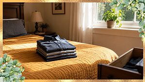 A small stack of neatly folded shirts on a bed with a warm mustard-yellow quilt, an open drawer nearby, and a green plant on the windowsill in bright daylight