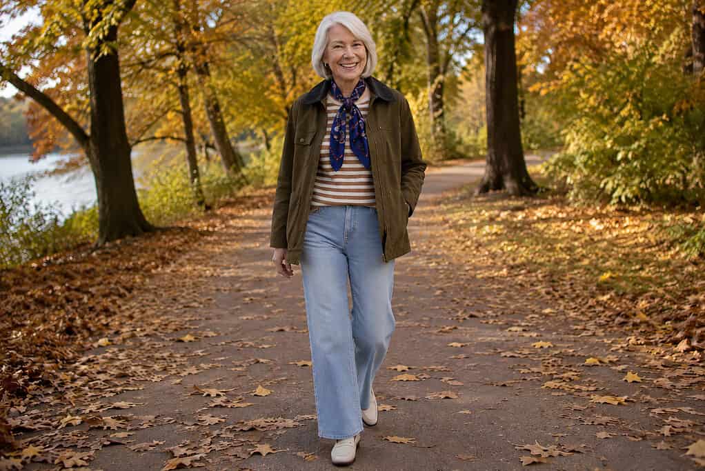 Confident older woman wearing an olive barn jacket, striped sweater, light-wash wide-leg jeans, cream loafers, and navy neck scarf on an autumn walk.