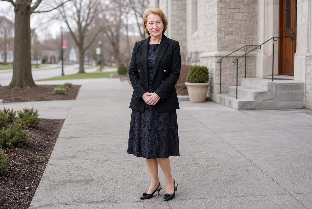 Woman in her seventies with short blonde hair wearing a dark long-sleeve midi dress, a black blazer, and black slingback heels standing outside a church on an overcast day.