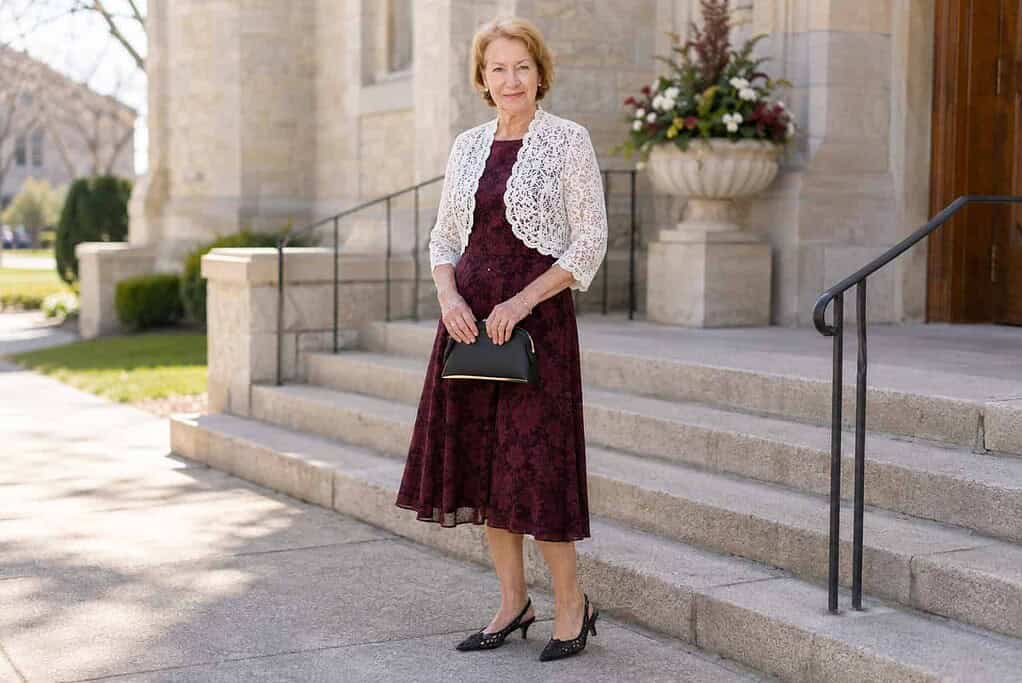Woman in her seventies with short blonde hair wearing a burgundy print midi dress, an ivory lace bolero, and black slingback heels on stone church steps, holding a small black bag.