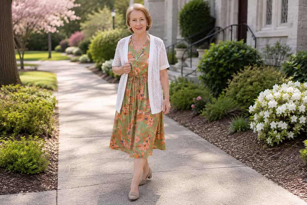 Woman in her seventies with short blonde hair wearing a green floral puff-sleeve midi dress, a white open cardigan, and nude block-heel pumps on a spring garden path.