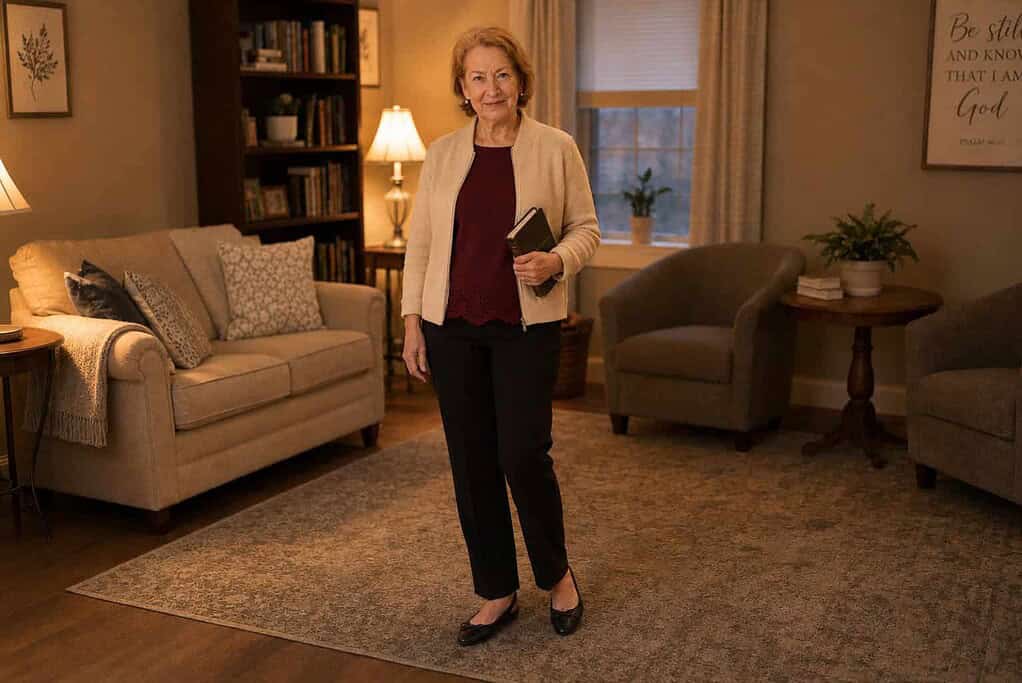 Woman in her seventies with short blonde hair wearing a burgundy lace-hem knit top, a cream zip cardigan, black pants, and black ballet flats in a cozy small-group room.