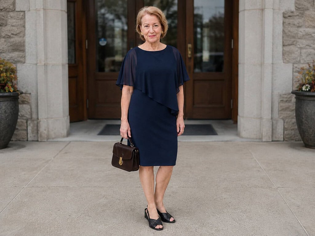 Woman in her seventies with short blonde hair wearing a navy cape-overlay dress with black block-heel slingback sandals, holding a dark brown handbag in a church foyer.