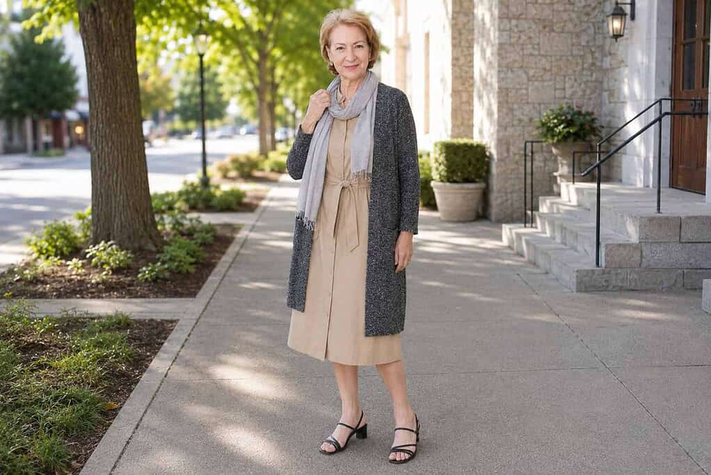 Woman in her seventies with short blonde hair wearing a tan tie-belt shirtdress, a charcoal open cardigan, and a light gray scarf with black strappy sandals on a sunny sidewalk.