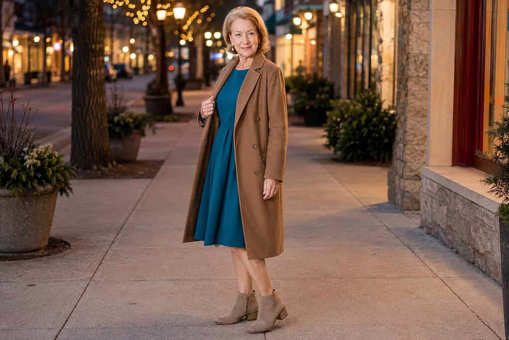 Woman in her seventies with short blonde hair wearing a teal puff-sleeve dress and an open camel coat with taupe suede ankle boots on an evening street with warm lights.