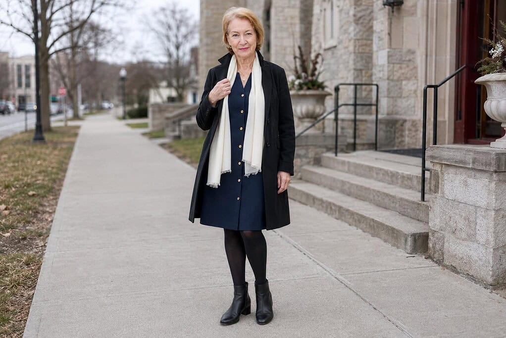 Woman in her seventies with short blonde hair wearing a navy dress, cream wrap, and open black coat with black tights and low ankle boots outside a church on a winter day.