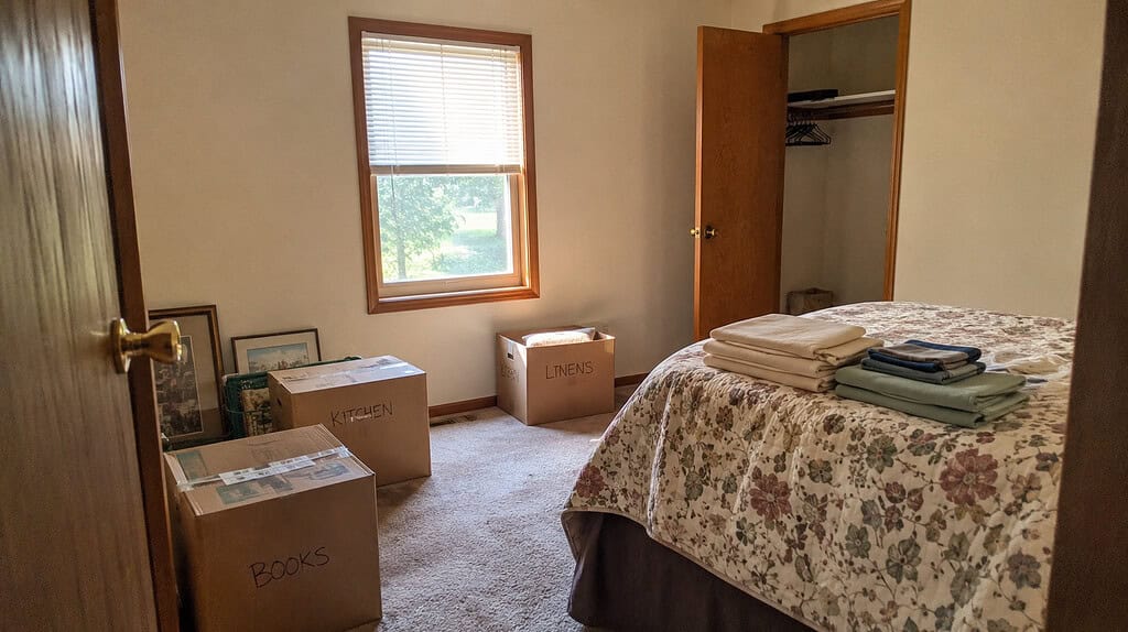 A spare bedroom partway through being cleared, with labeled boxes on the floor, folded linens on the bed, and an open, mostly empty closet