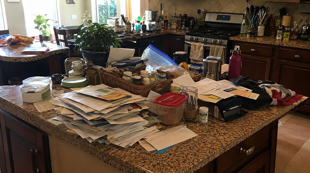 A kitchen counter so covered with stacked mail, containers, and odds and ends that there is no clear space left to prepare food