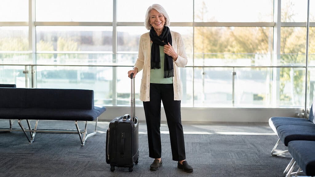 Confident older woman wearing a sage green top, cream cardigan, black ankle pants, black scarf, and slip-on shoes with a rolling suitcase.