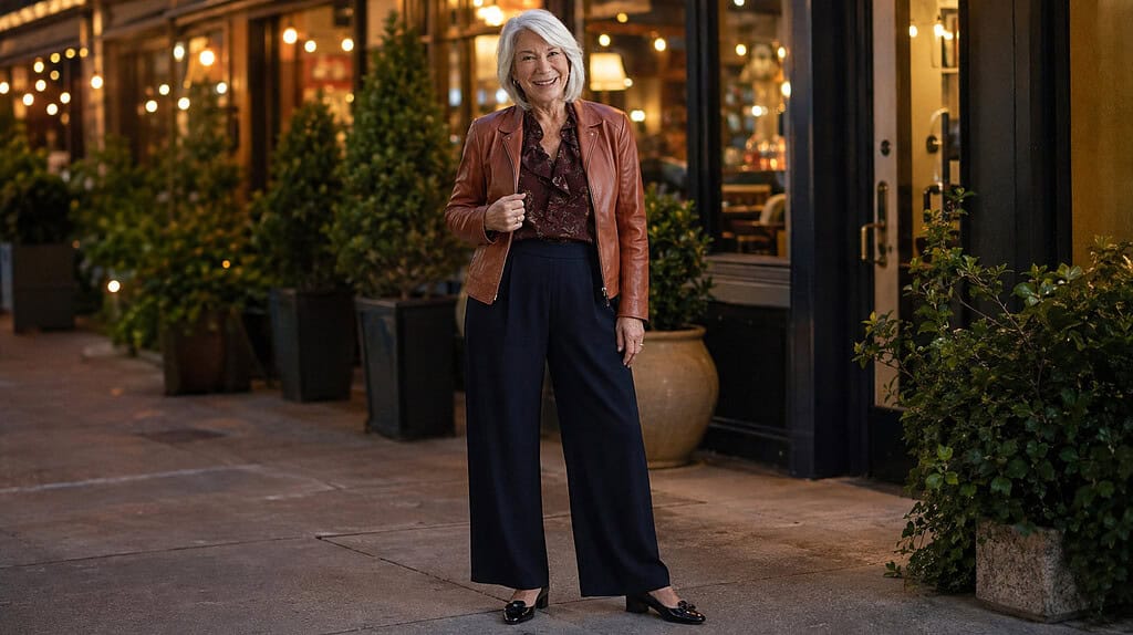 Confident older woman wearing a cognac leather jacket, burgundy floral blouse, dark wide-leg trousers, and black bow pumps for an autumn dinner outfit.