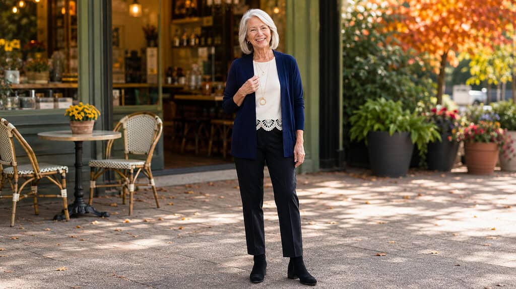 Confident older woman wearing a navy cardigan, ivory scalloped shell top, black ankle pants, suede boots, and gold pendant necklace for fall.
