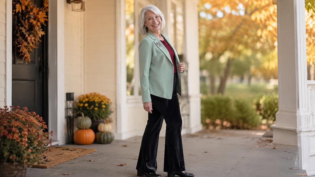 Confident older woman wearing a sage green blazer, burgundy knit top, black velvet trousers, Mary Jane shoes, and silver bow brooch for fall.