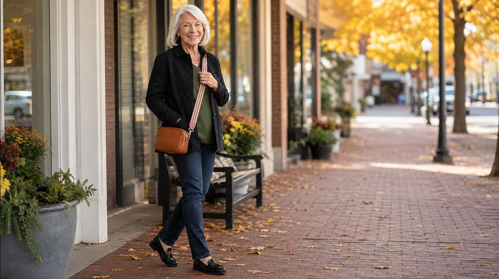 Confident older woman wearing an olive green sweater, black barn jacket, dark jeans, black loafers, and cognac crossbody bag on an autumn sidewalk.