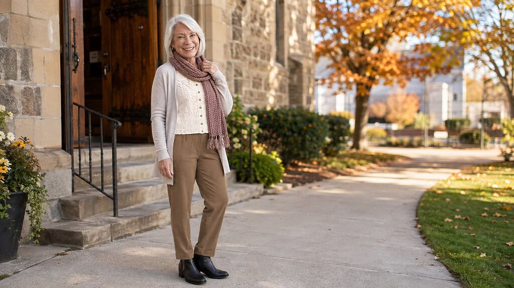 Older woman wearing a cream lace blouse, gray cardigan, tan trousers, burgundy scarf, and black ankle boots outside a church in autumn.