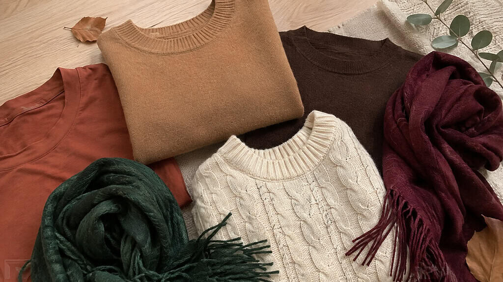 Fall clothing flat lay with camel, chocolate brown, cream and rust knits alongside bottle green and burgundy scarves on a light wood surface.
