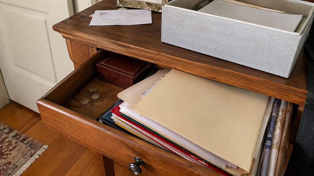 An open desk drawer with a small box on top gathering important documents, folders of papers, an old jewelry box, and a few coins