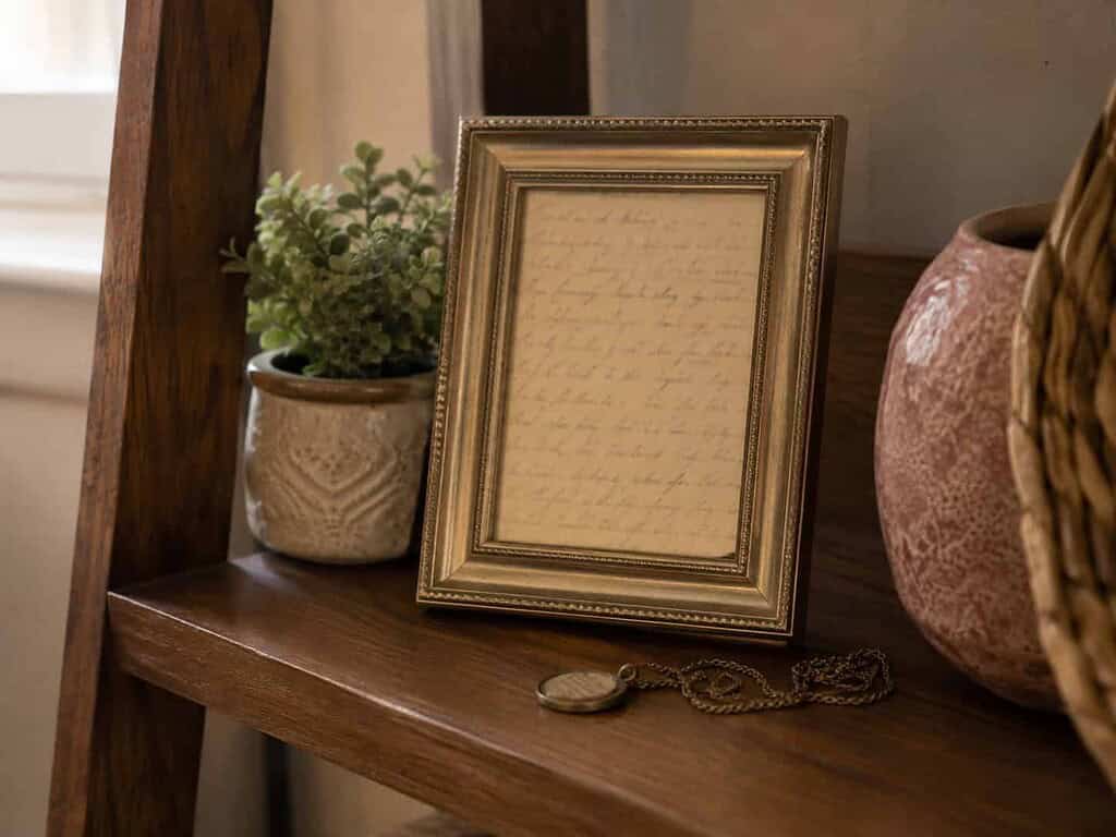 A small framed handwritten note on a shelf next to a handwriting keepsake pendant necklace