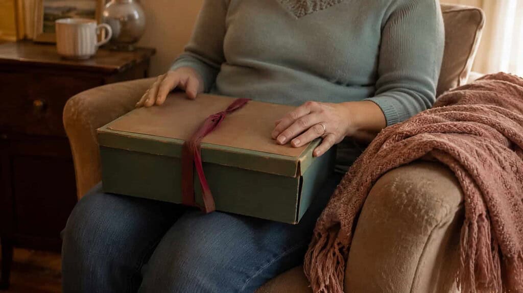 Hands resting on the closed lid of an old box of letters held on a lap in a soft armchair, not yet ready to open it