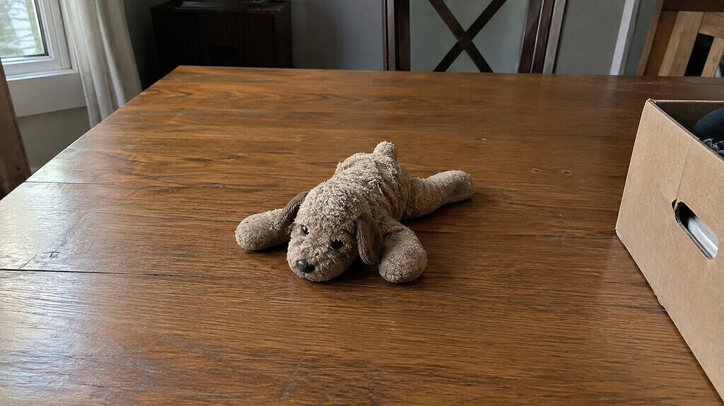 A single small worn keepsake resting in the center of an empty wooden table, with a donation box just visible at the edge of the frame