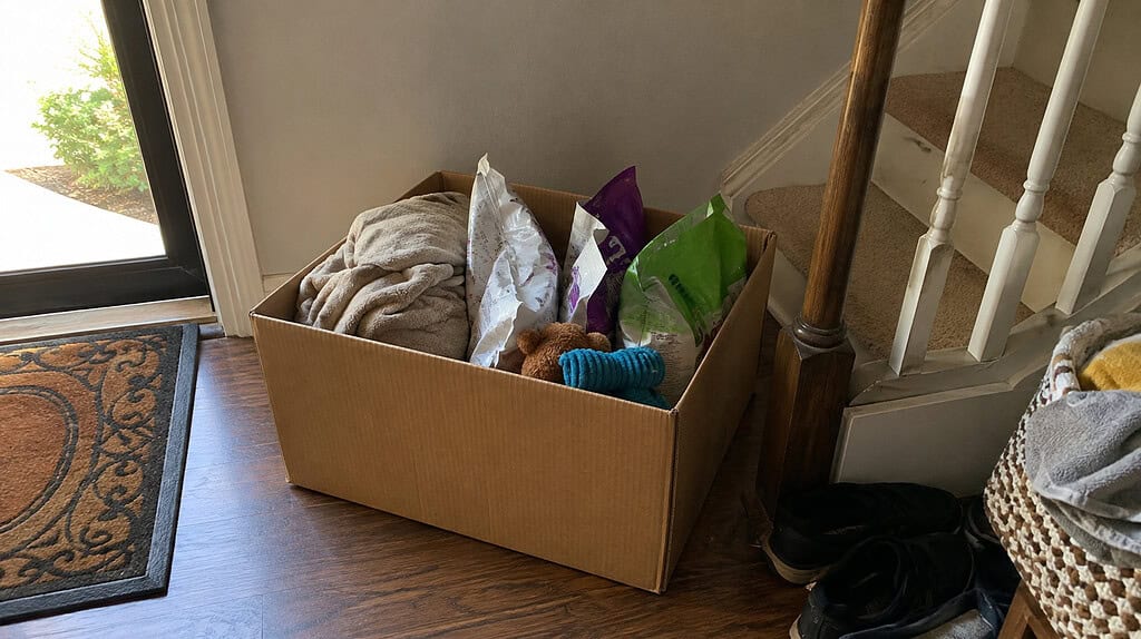 A cardboard box filled with gently used pet items, a folded blanket, unopened food, and toys, ready to donate, by the front door