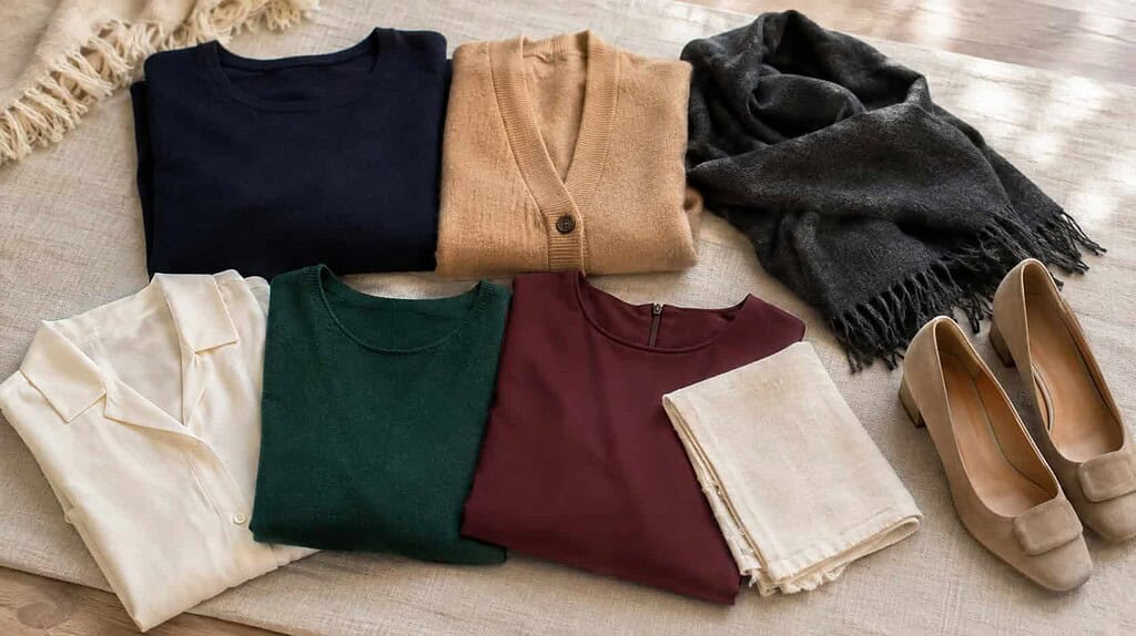 Flat-lay of folded church clothing in navy, camel, charcoal, ivory, emerald, and burgundy with low neutral block-heel shoes on a light surface.
