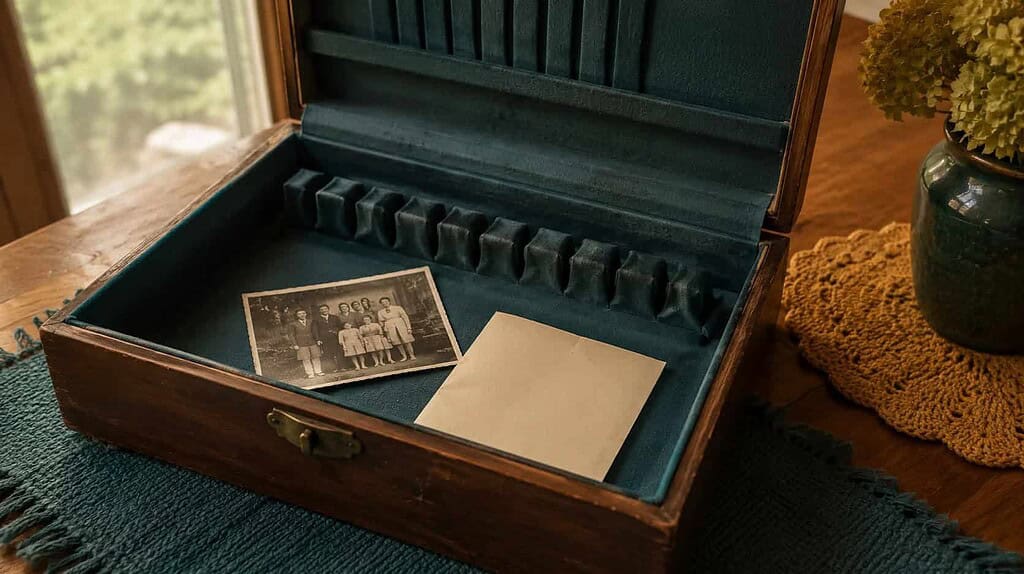An open, nearly empty inherited silverware chest with an old family photo and a folded note resting inside