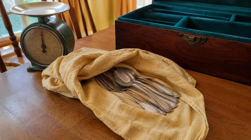 A small stack of silver flatware wrapped in cloth next to a kitchen scale, ready to take to a silver buyer