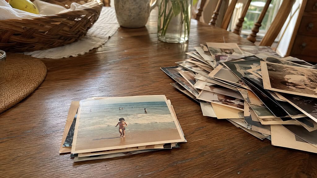 A few carefully chosen best family photographs in a small neat stack on a kitchen table, with a larger pile of near-duplicate prints pushed aside