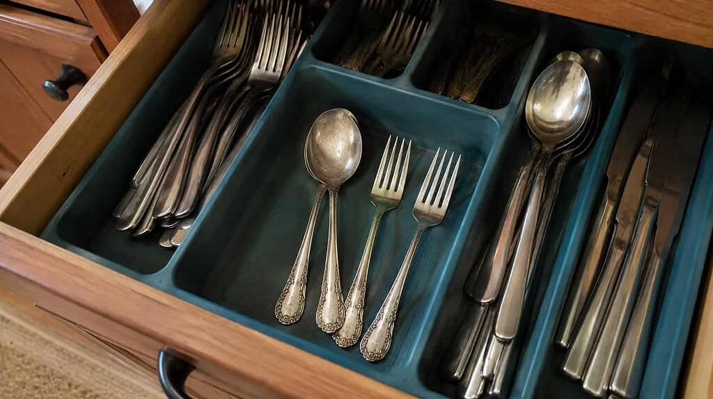 A few kept inherited silver pieces resting among everyday stainless flatware in an open kitchen drawer