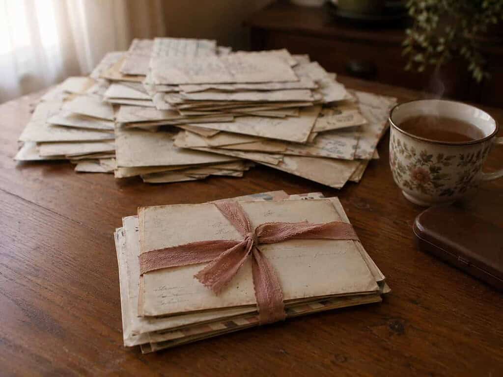 A small chosen stack of meaningful old letters set apart from a larger pile on a wooden table