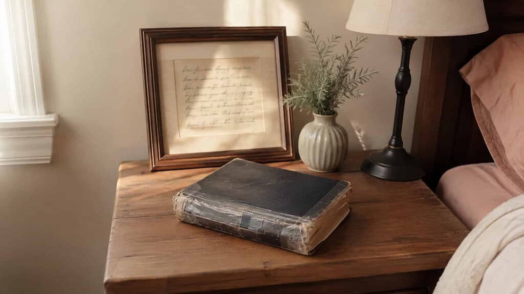 A single worn taped Bible on a nightstand beside a framed verse and a small vase of sage sprigs in morning light