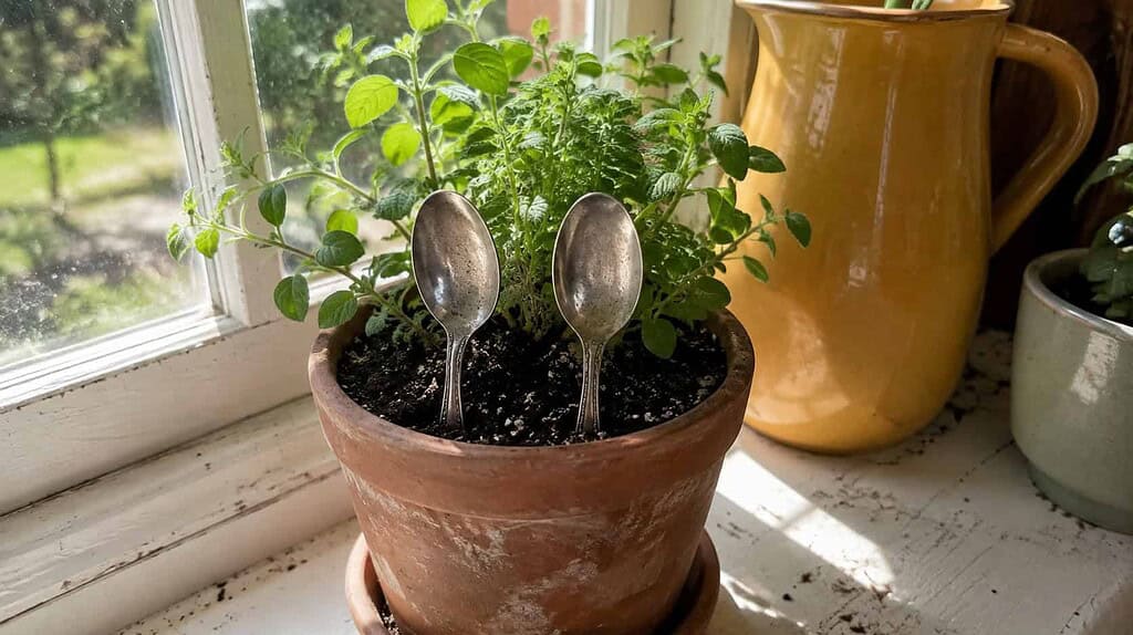 Two old silver spoons repurposed as garden markers in a small herb pot on a windowsill