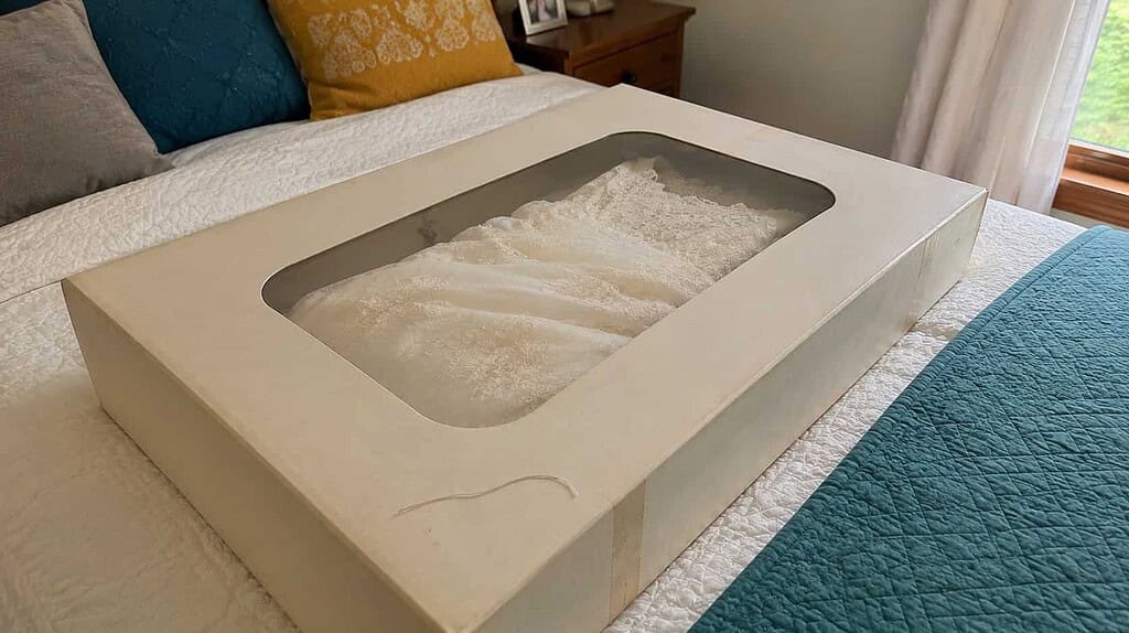 A white wedding dress preservation box with a viewing window showing folded ivory fabric, resting on a bed