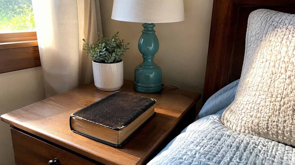 A single old Bible resting on a simple nightstand beside a small plant and a teal lamp in a bright bedroom
