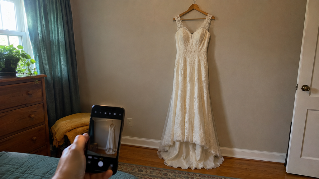 An ivory old wedding dress hanging against a plain wall with a phone propped up to photograph it for selling
